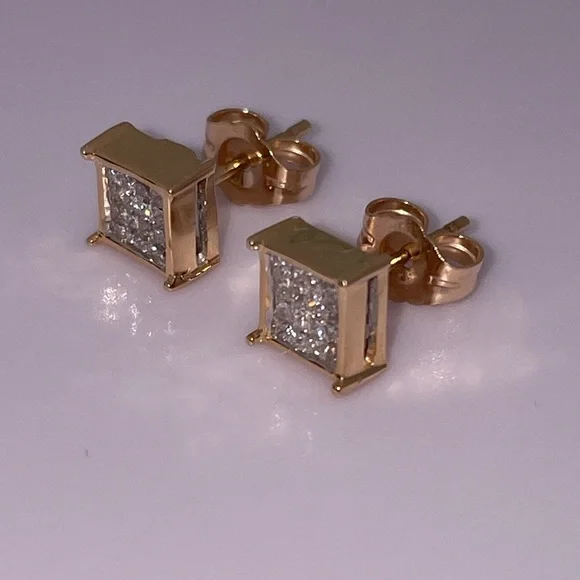 Solid Stamped 14K Yellow Gold Natural Diamond Stud Earrings Unisex Men Women